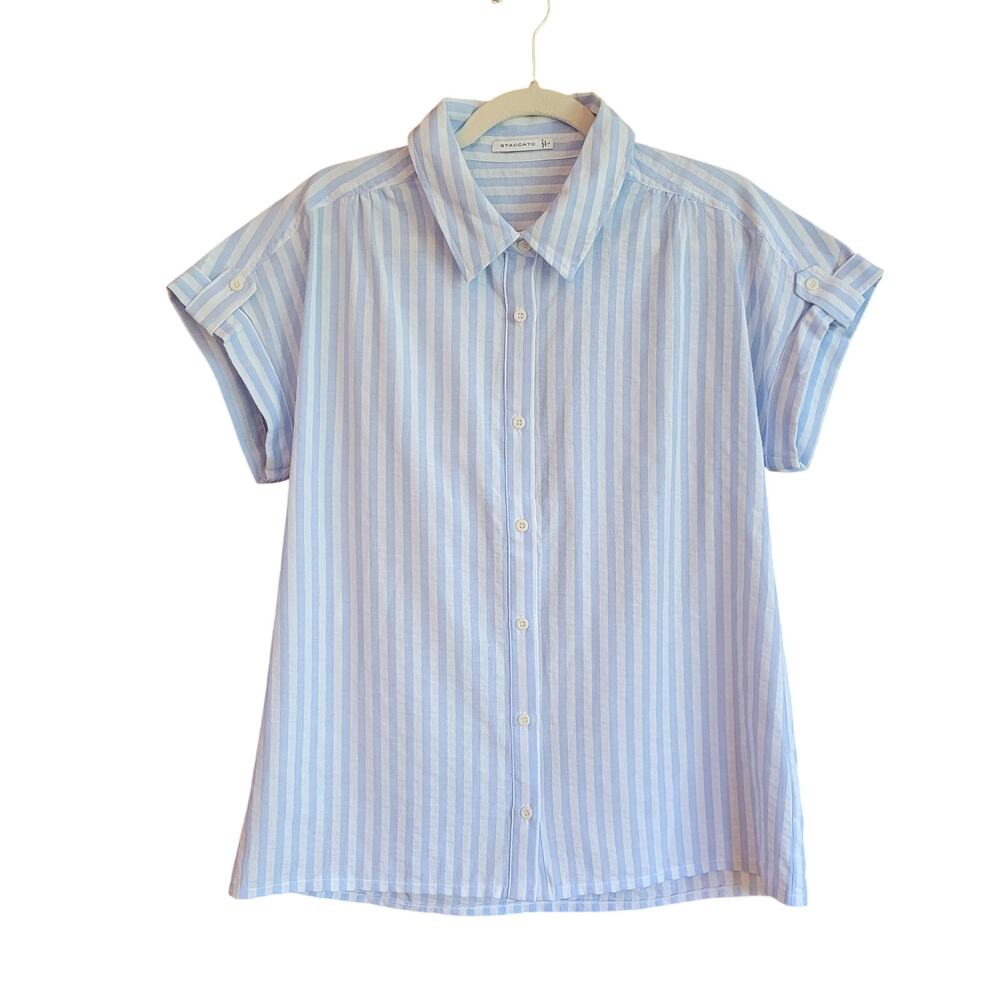 Staccato Blue White Striped Button Front Shirt Cotton Coastal Preppy Boho Large